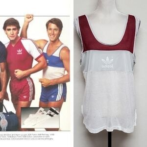 𝅺RARE Vintage 1970s Adidas Red Gray White Mesh Sleeveless Singlet Running Tank